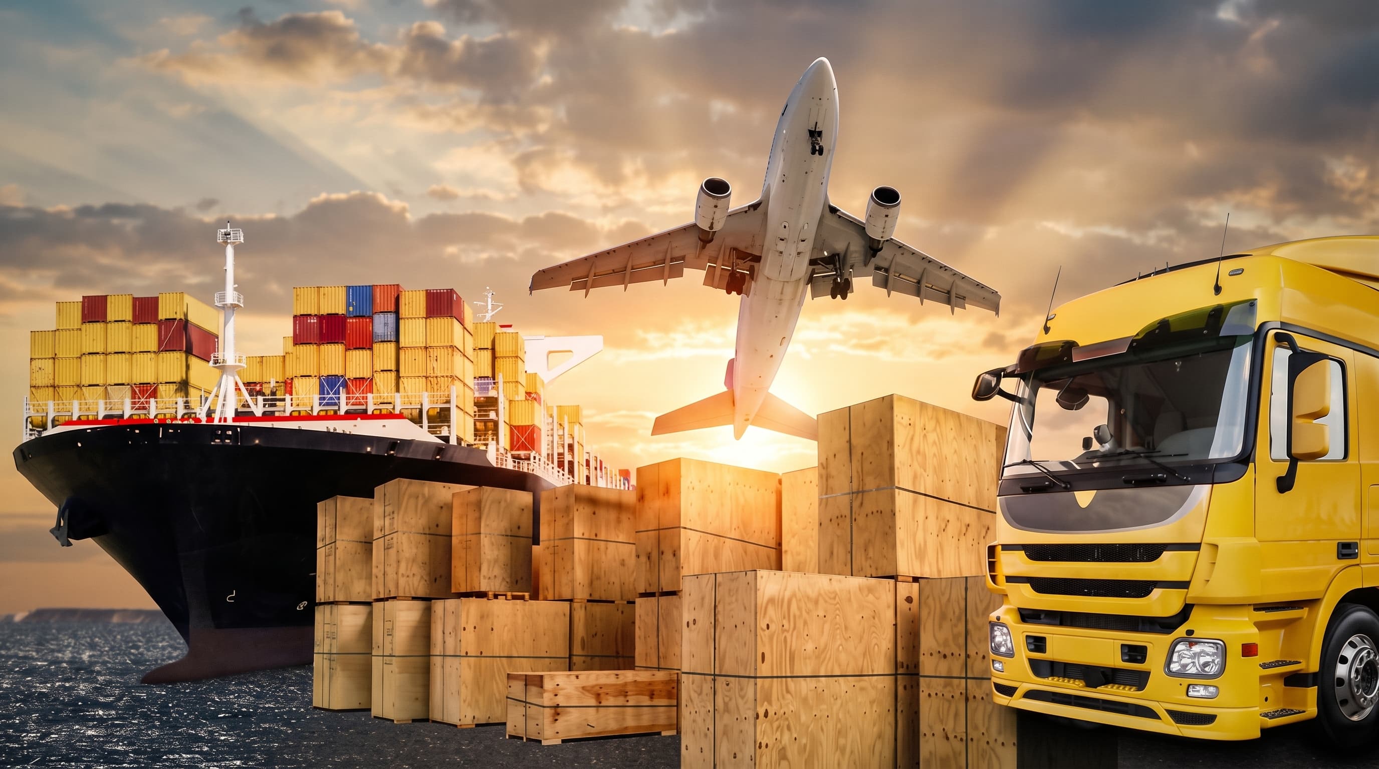 Porte-conteneurs, avion cargo et camion au coucher du soleil sur un terminal portuaire