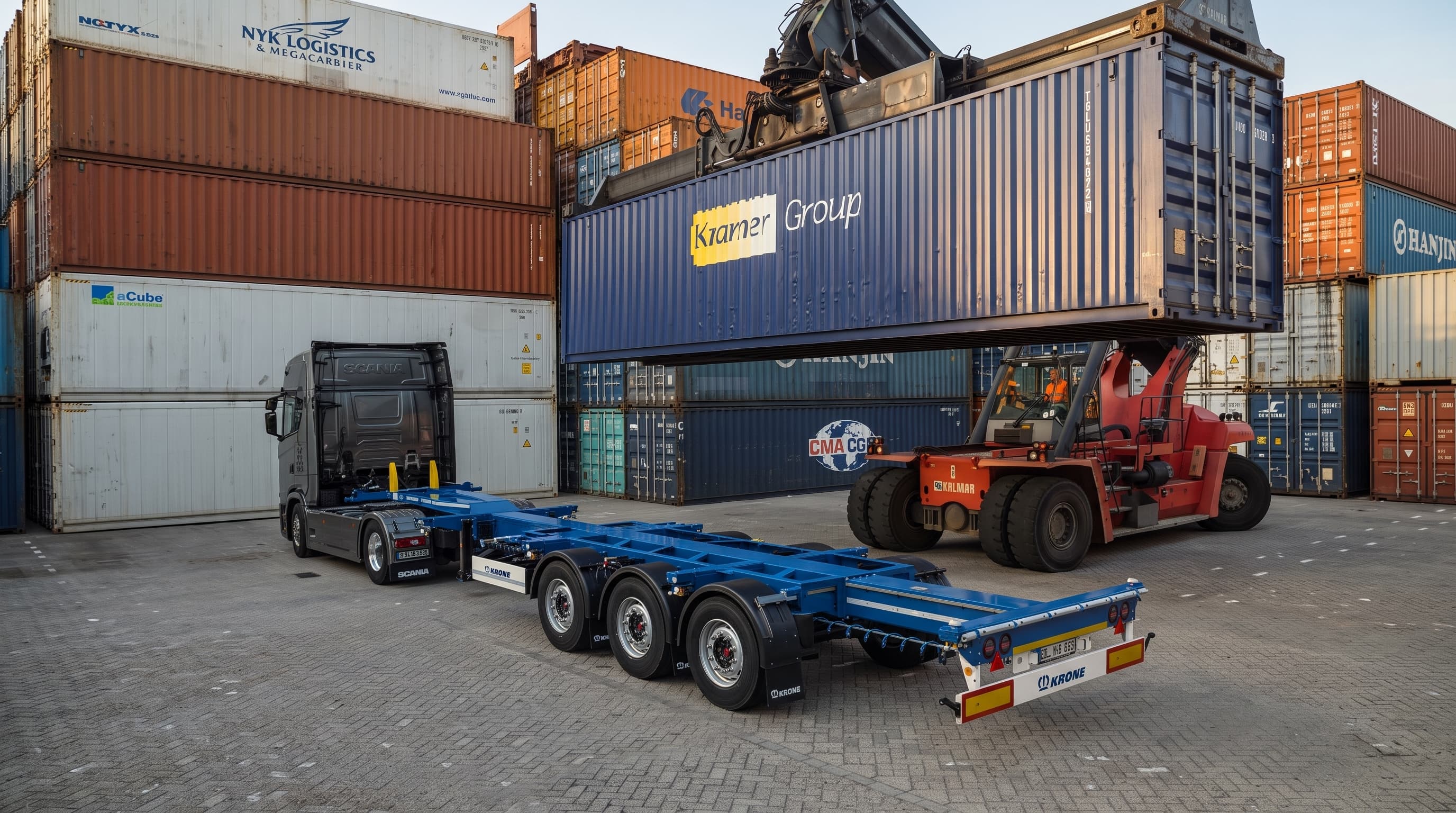 Camion tracteur avec châssis porte-conteneur et reach stacker manutentionnant un conteneur