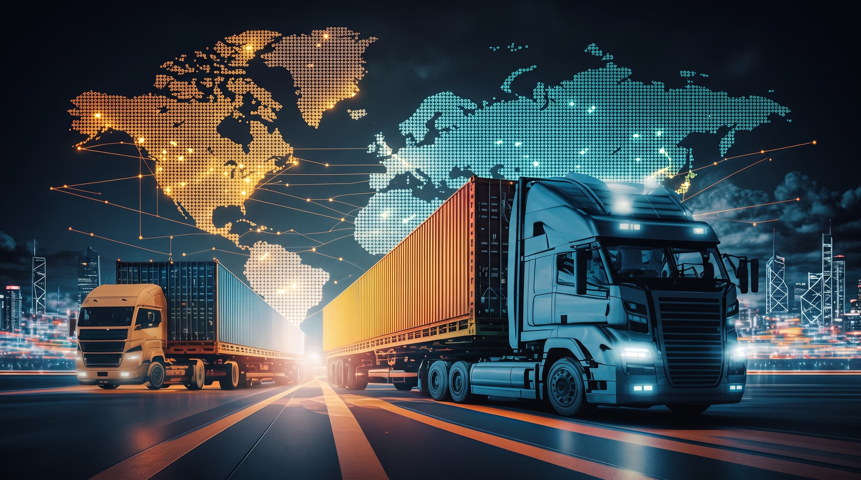 Camions de transport international sur autoroute, carte du monde numérique en arrière-plan